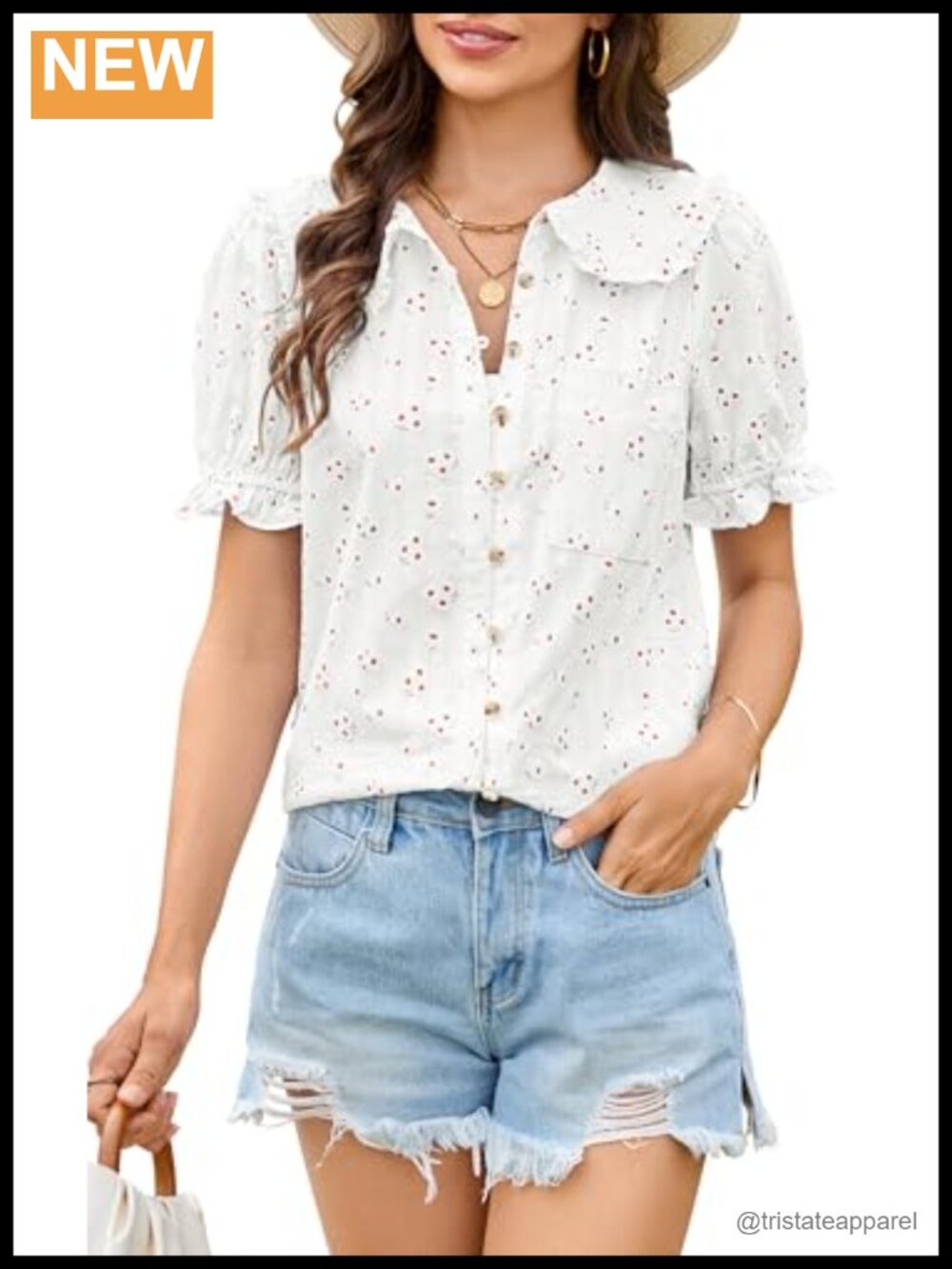 Women's Cotton Button-Up Blouse Peter Pan Collar Puff Short Sleeve Floral
